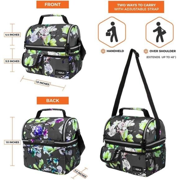 Lunch Bag Women Insulated, Adult Lunch Box Cooler, Flower Lunch Box, Dual - Picture 3 of 7